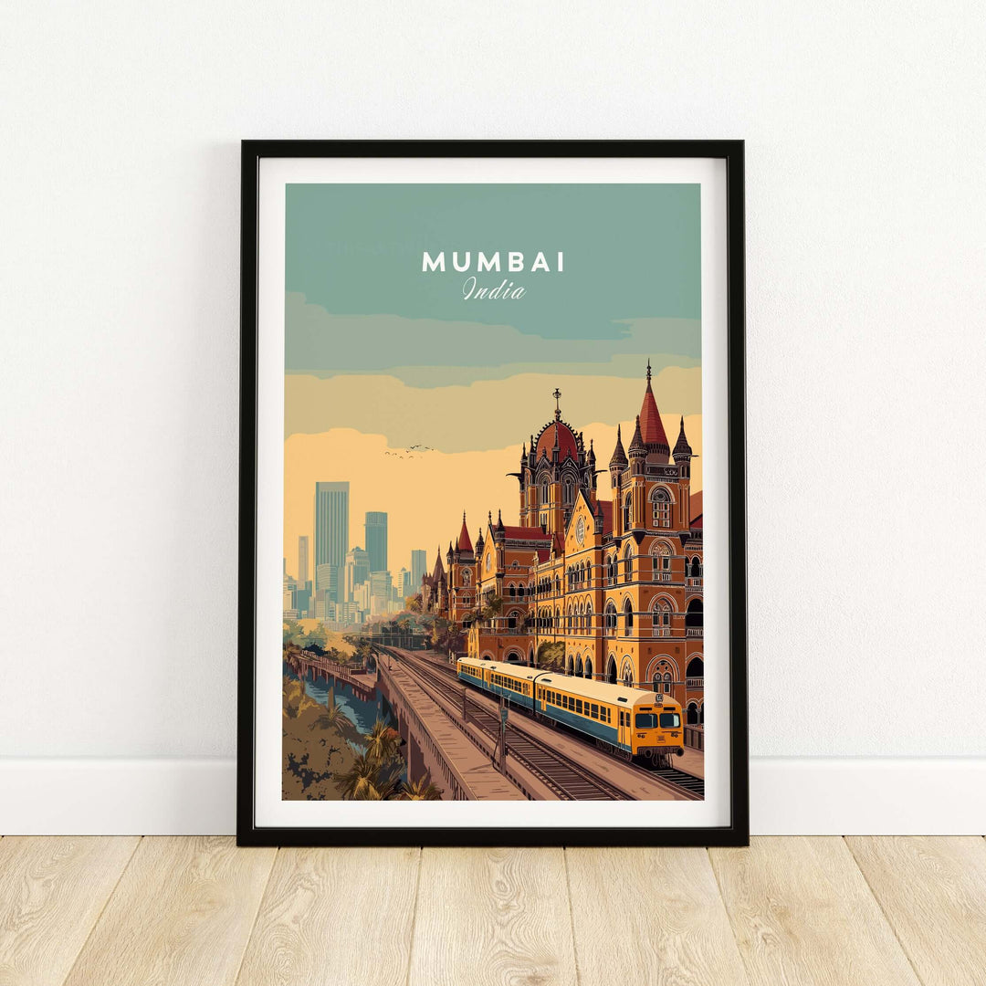 Chhatrapati Shivaji Terminus poster showcasing Mumbai's historic architecture and train station elegance.
