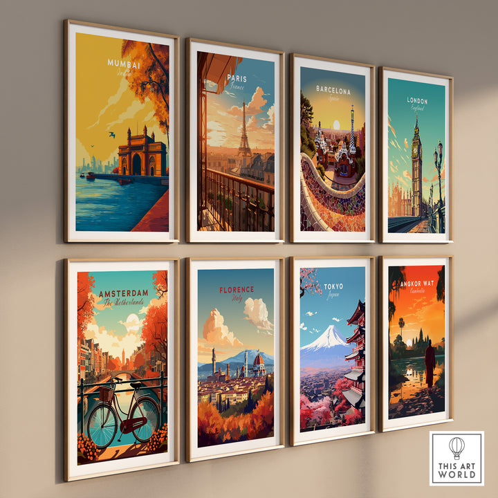 Colorful gallery wall featuring iconic city landmarks including Mumbai, Paris, Barcelona, and more in vibrant prints.