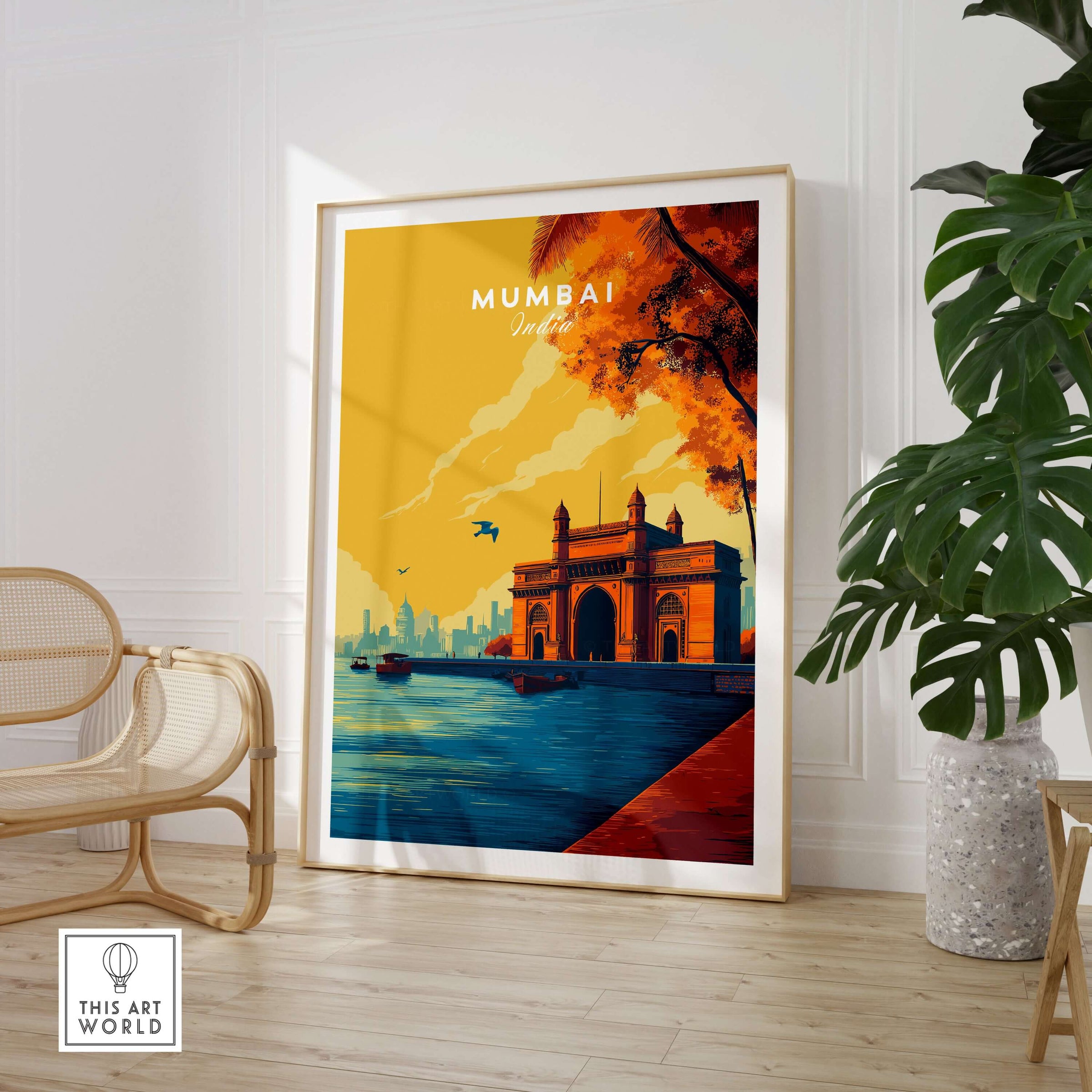 Mumbai India Gateway of India Dusk Poster - Vibrant City Landmark Print displayed in a stylish interior setting.
