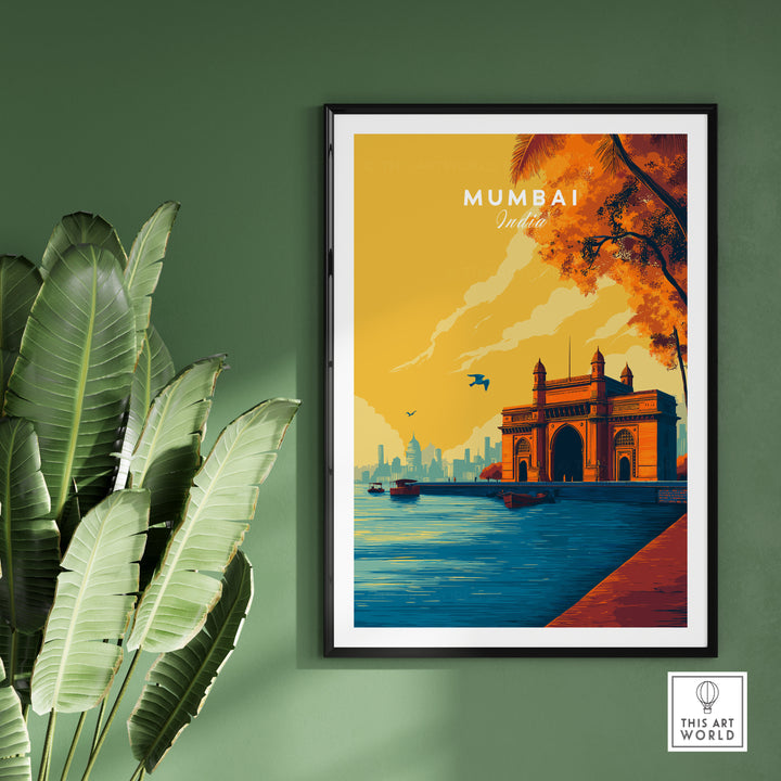 Mumbai Gateway of India dusk poster showcasing vibrant cityscape and twinkling lights.