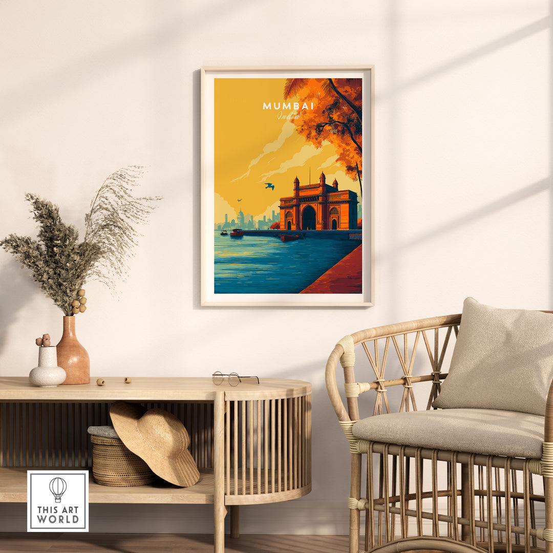 Mumbai Gateway of India dusk poster, vibrant city landmark print in modern living room decor.