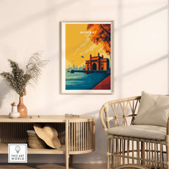 Mumbai India Gateway of India Dusk Poster - Vibrant City Landmark Print displayed in a stylish living room setting.