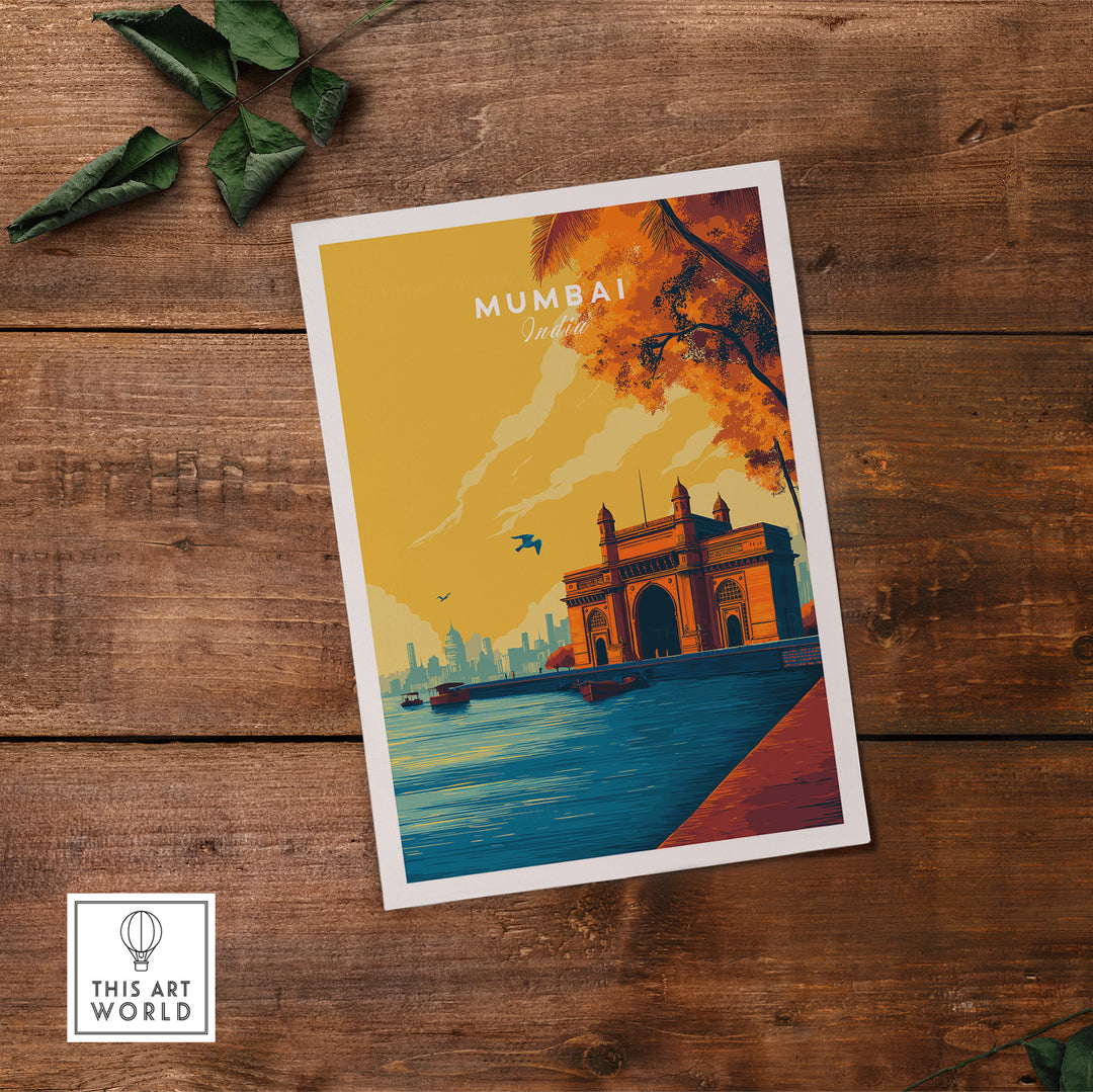 Mumbai Gateway of India dusk poster highlighting vibrant colors and iconic architecture in a lively city scene.