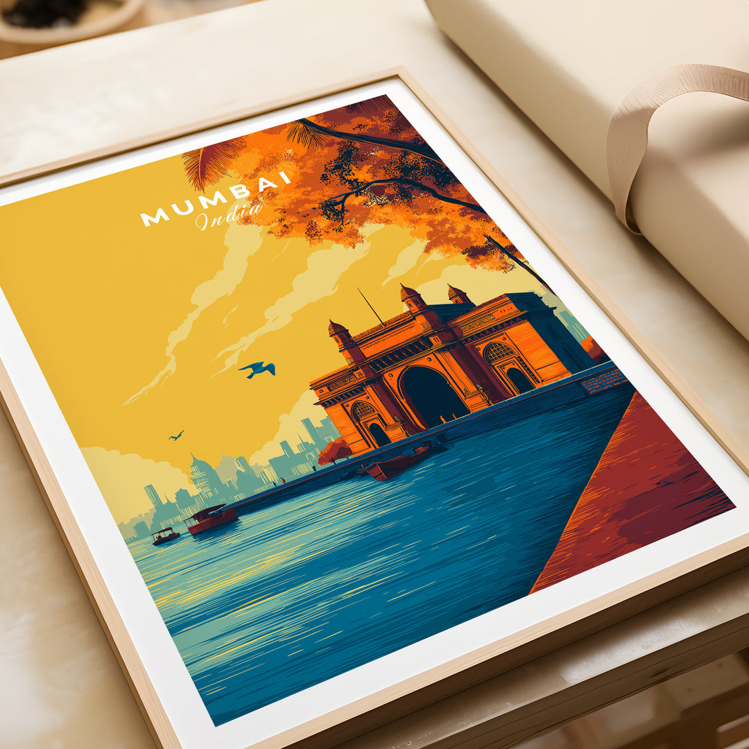 Mumbai Gateway of India dusk poster with vibrant colors and iconic landmark print.