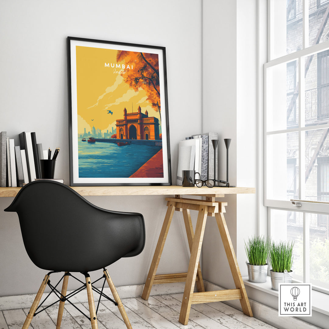 Mumbai Gateway of India dusk poster, vibrant wall art enhancing home office decor.