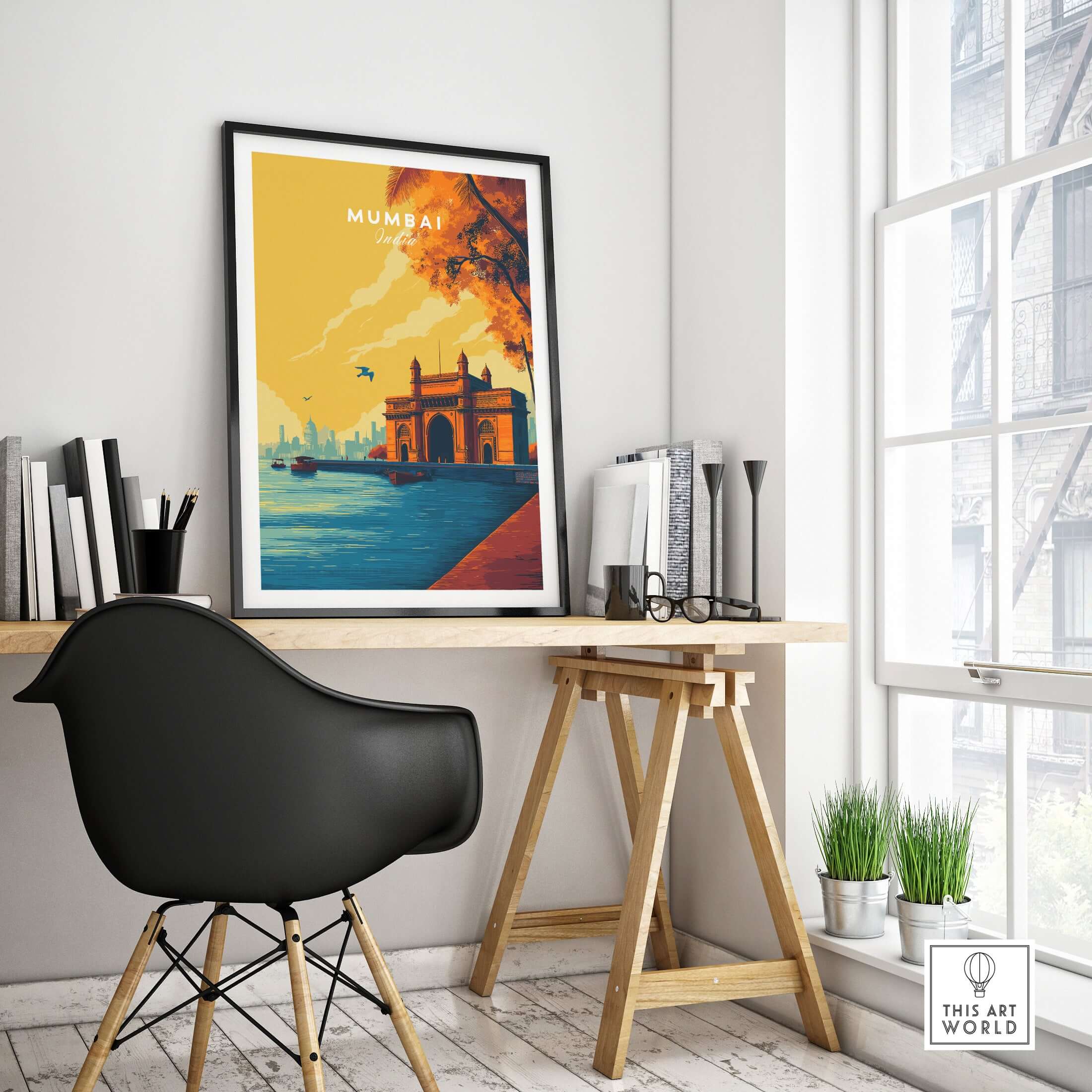 Mumbai India Gateway of India Dusk Poster - Vibrant City Landmark Print displayed in a stylish home office.