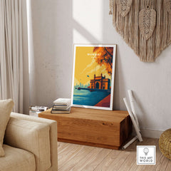 Mumbai India Gateway of India Dusk Poster - Vibrant City Landmark Print displayed in a stylish living room decor.