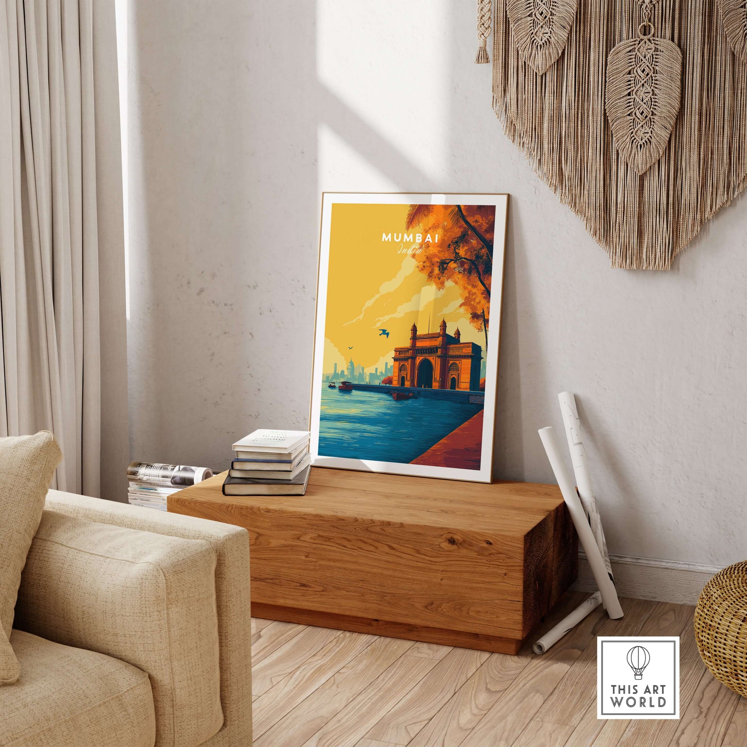 Mumbai India Gateway of India Dusk Poster - Vibrant City Landmark Print displayed in a stylish living room decor.