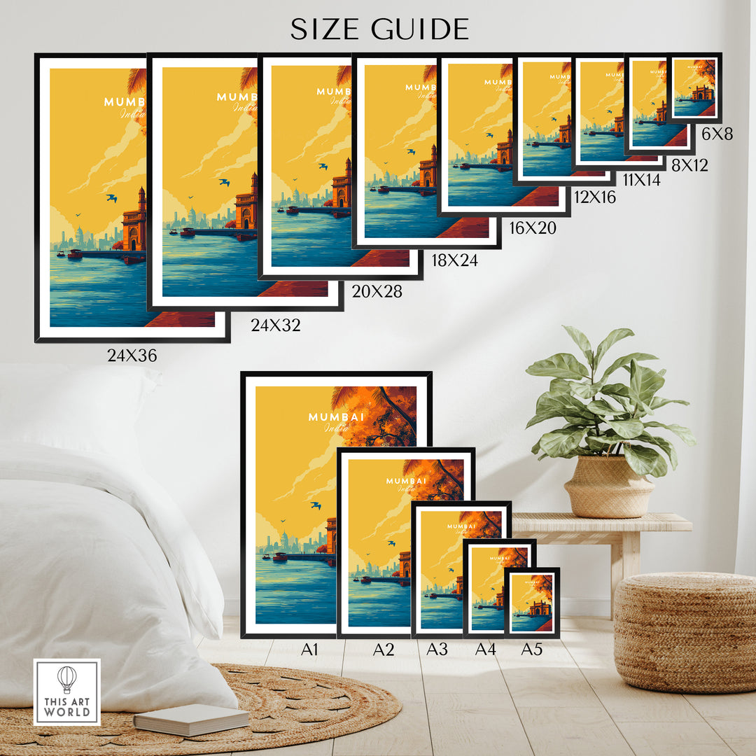Size guide for Mumbai Gateway of India dusk poster print options displayed in a modern home setting.