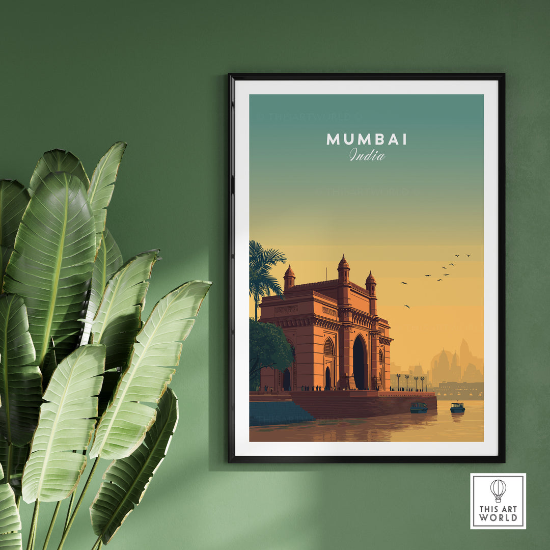 Mumbai Gateway of India sunset poster showcasing the iconic landmark with vibrant colors, perfect for wall art decor.
