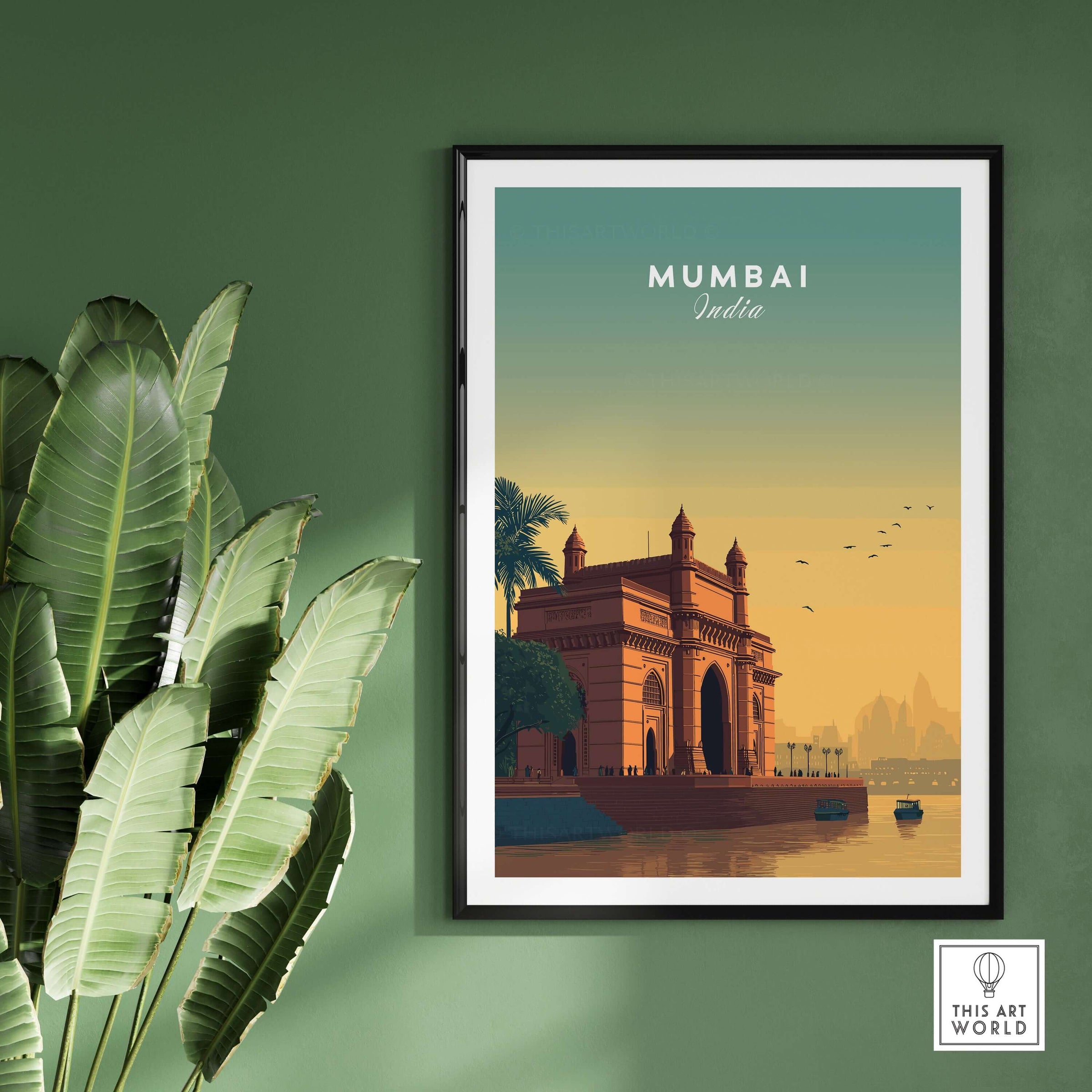 Mumbai India Gateway of India Sunset Poster - Mumbai Landmark Wall Art in an elegant frame with vibrant background.
