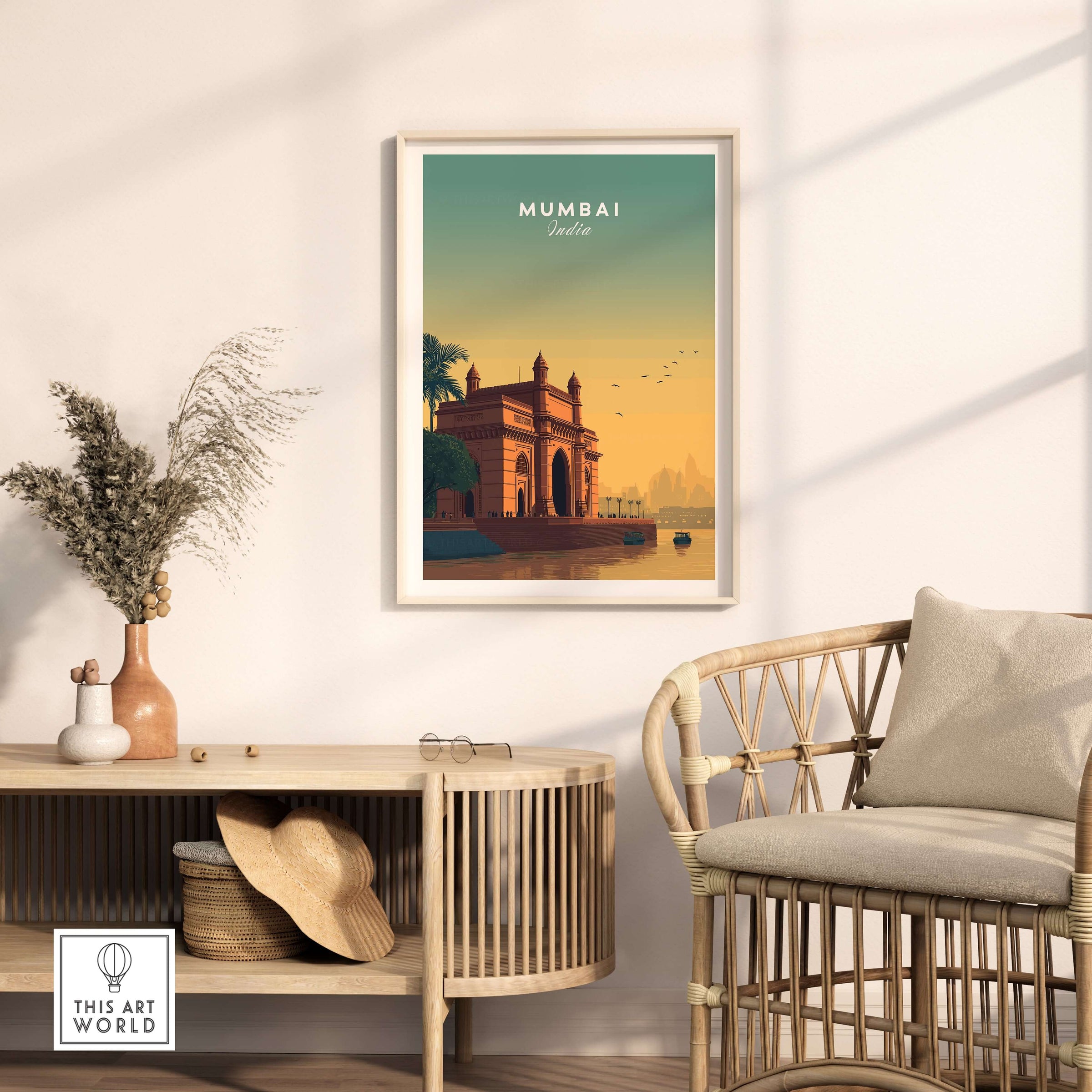 Mumbai India Gateway of India Sunset Poster - Mumbai Landmark Wall Art displayed in a stylish interior setting.