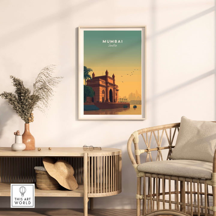 Mumbai Gateway of India sunset poster, showcasing vibrant colors and iconic landmark for elegant wall decor.