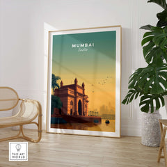 Mumbai India Gateway of India Sunset Poster - Mumbai Landmark Wall Art displayed in a modern interior setting.