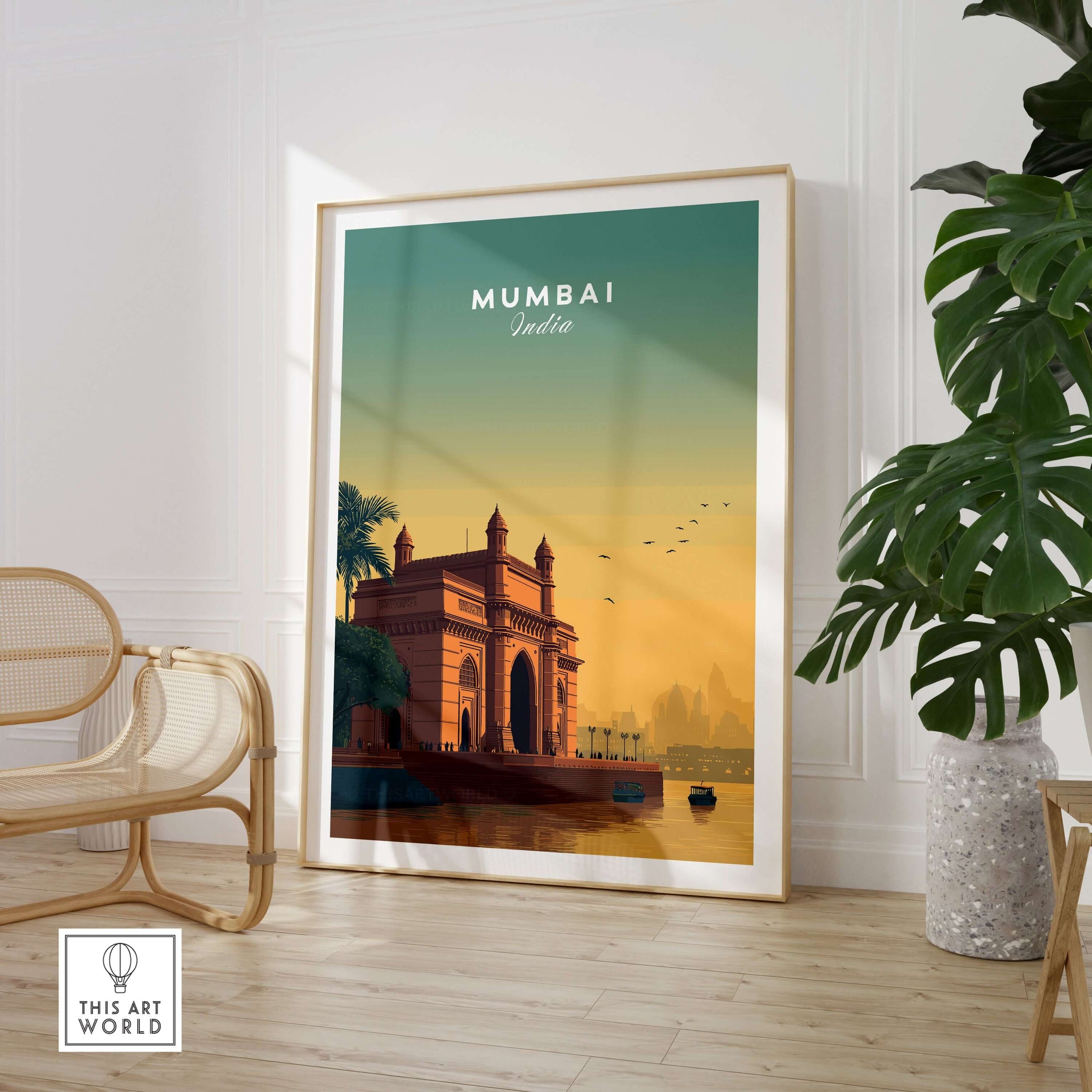 Mumbai India Gateway of India Sunset Poster - Mumbai Landmark Wall Art displayed in a modern interior setting.