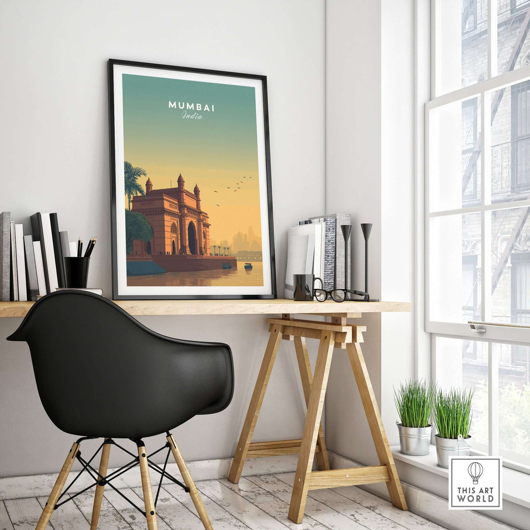 Mumbai Gateway of India sunset poster displayed in a modern room, highlighting iconic landmark wall art.