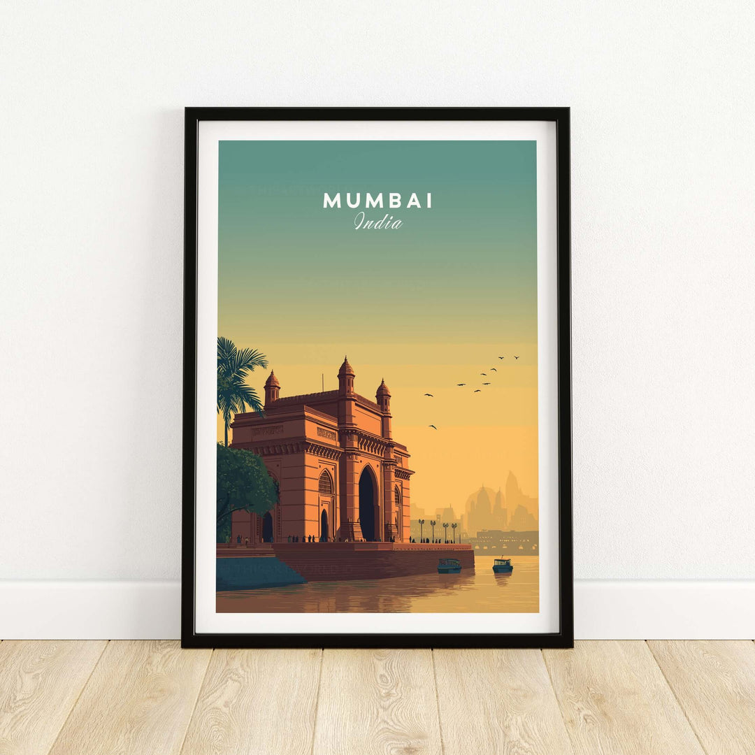 Mumbai Gateway of India sunset poster in a stylish frame, showcasing vibrant colors and iconic architecture.