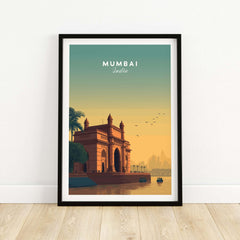 Mumbai India Gateway of India Sunset Poster - Mumbai Landmark Wall Art featuring a vibrant sunset backdrop.