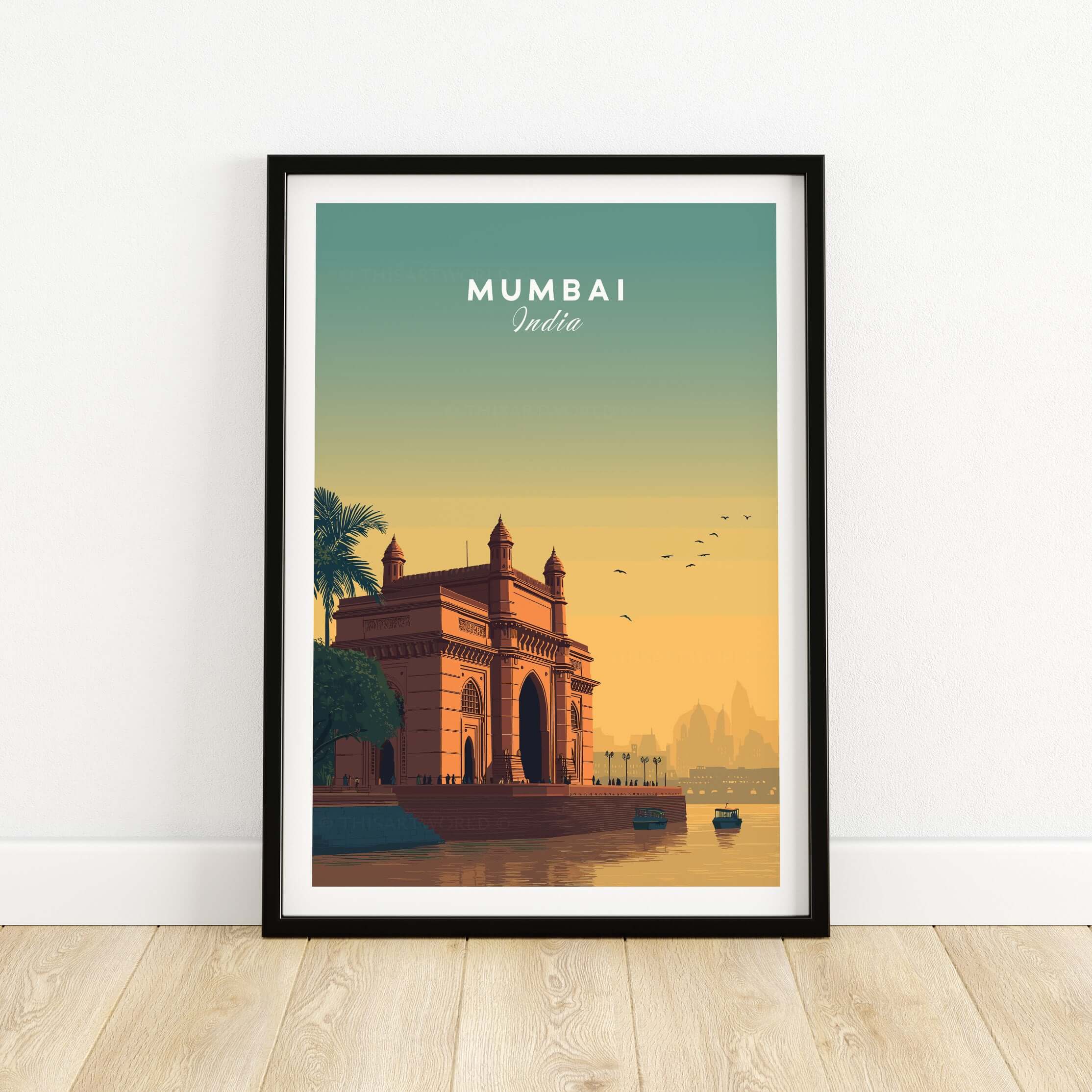 Mumbai India Gateway of India Sunset Poster - Mumbai Landmark Wall Art featuring a vibrant sunset backdrop.
