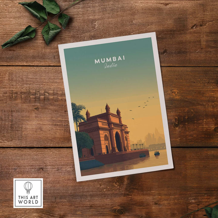Mumbai Gateway of India sunset poster art, showcasing iconic landmark with warm colors on a wooden background.