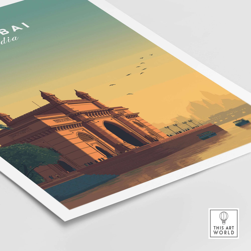 Gateway of India sunset poster showcasing Mumbai landmark with warm hues and serene waters.