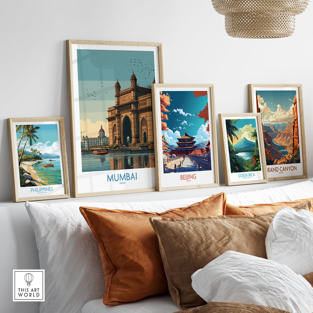 Framed travel prints featuring Mumbai's Gateway of India and landscapes from Philippines, Beijing, and Costa Rica.