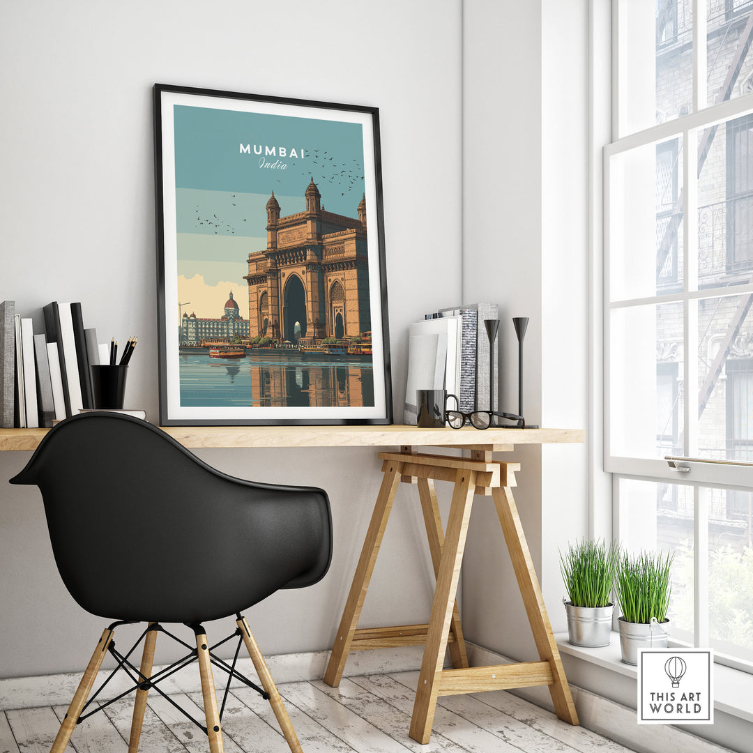 Mumbai Gateway of India waterfront print in modern workspace setting, showcasing cityscape travel poster.