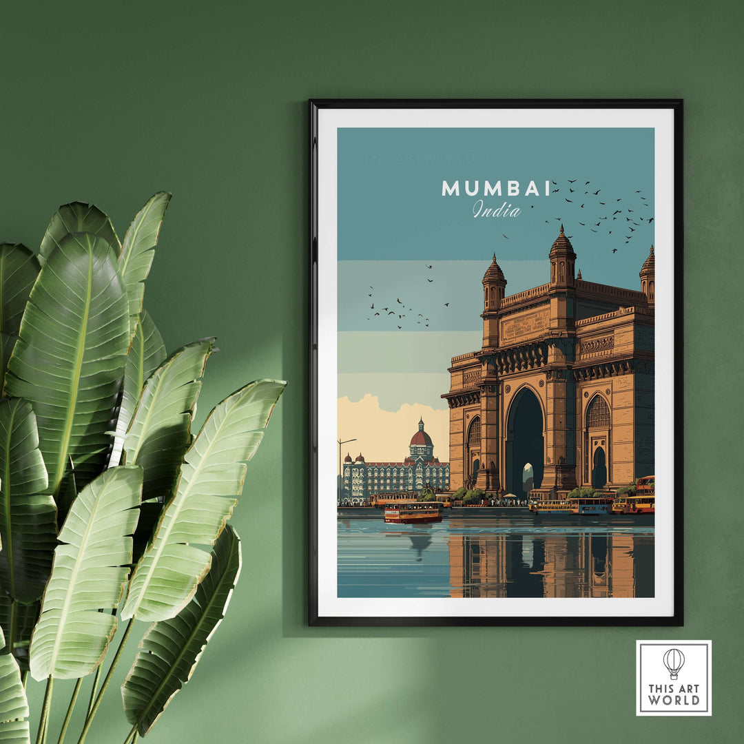Vibrant Mumbai travel poster featuring Gateway of India, cityscape, and serene waterfront, perfect for home decor.