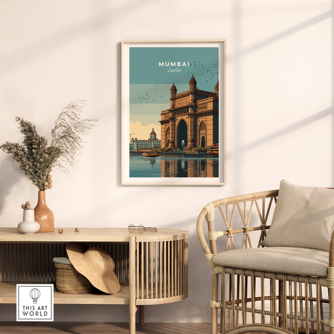 Mumbai Gateway of India cityscape travel poster displayed in a stylish living room setting.