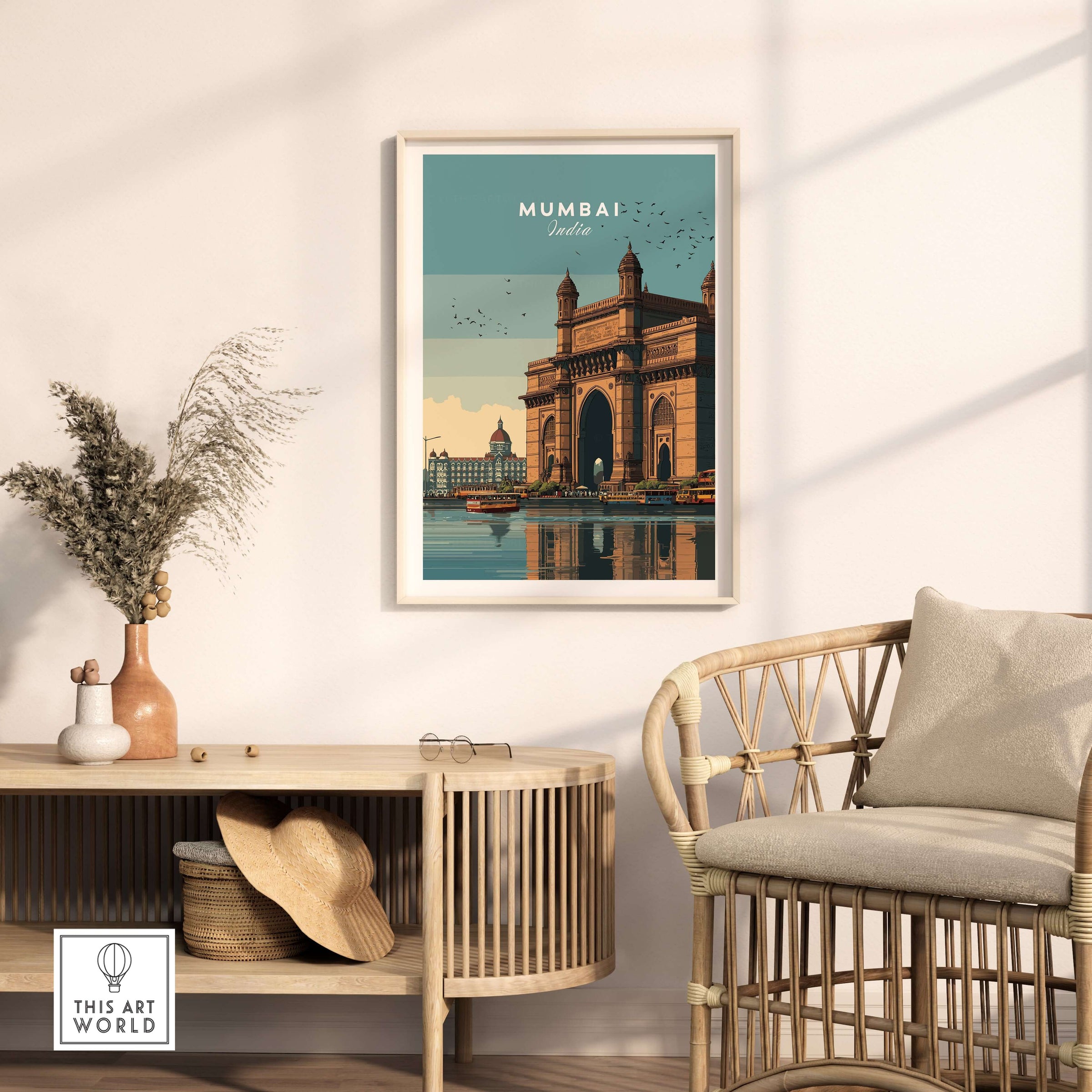 Mumbai India Gateway of India Waterfront Print - Cityscape Travel Poster displayed in a stylish home setting.