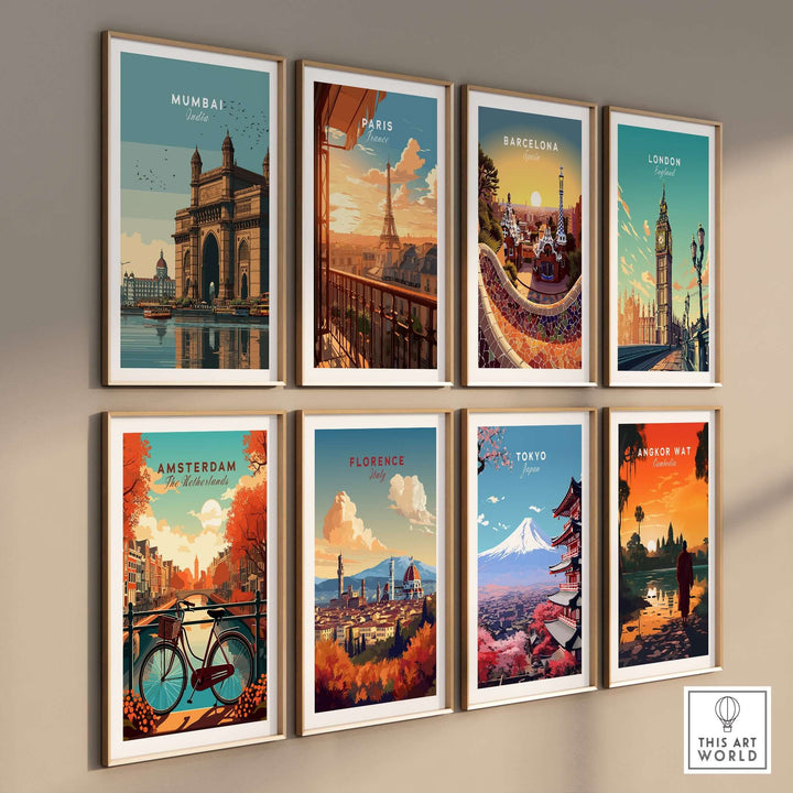 Collection of scenic travel posters featuring Mumbai, Paris, Barcelona, London, Amsterdam, Florence, Tokyo, and Angkor Wat.