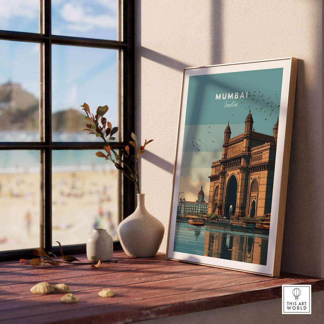Mumbai Gateway of India waterfront print in a stylish indoor setting, showcasing vibrant cityscape and coastal beauty.