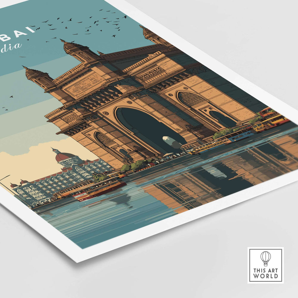 Gateway of India waterfront print depicting Mumbai's iconic monument and cityscape at sunset