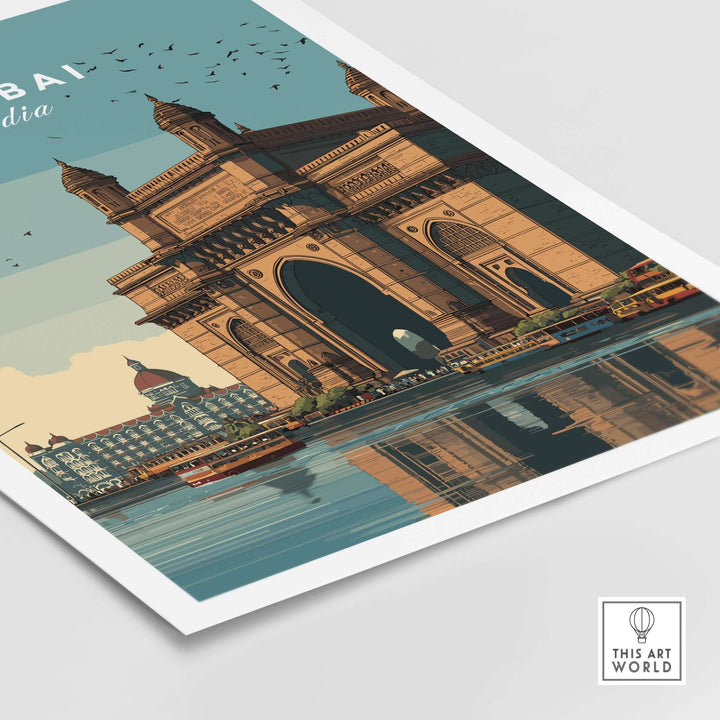 Gateway of India waterfront print depicting Mumbai's iconic monument and cityscape at sunset
