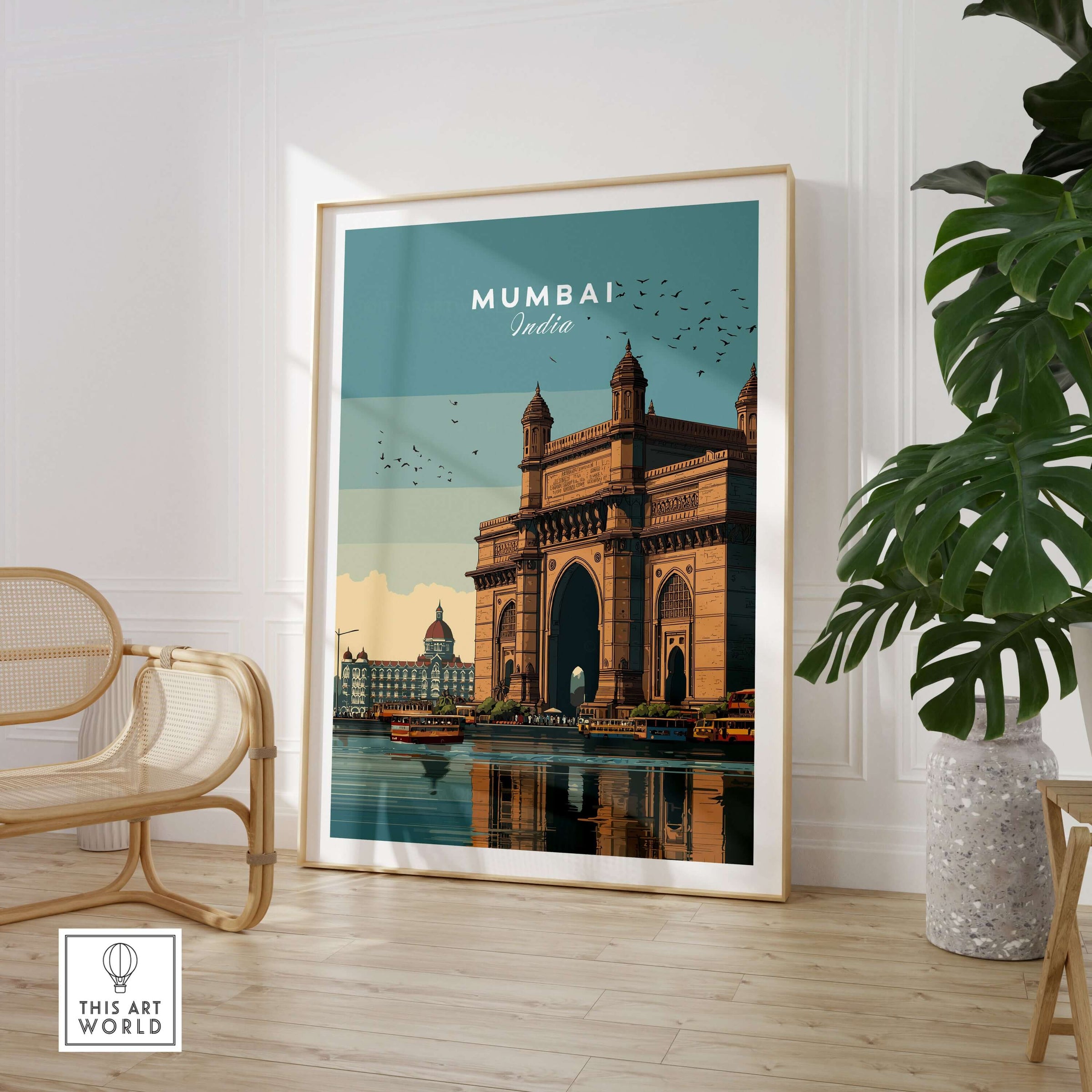 Mumbai India Gateway of India Waterfront Print - Cityscape Travel Poster in a modern interior setting.