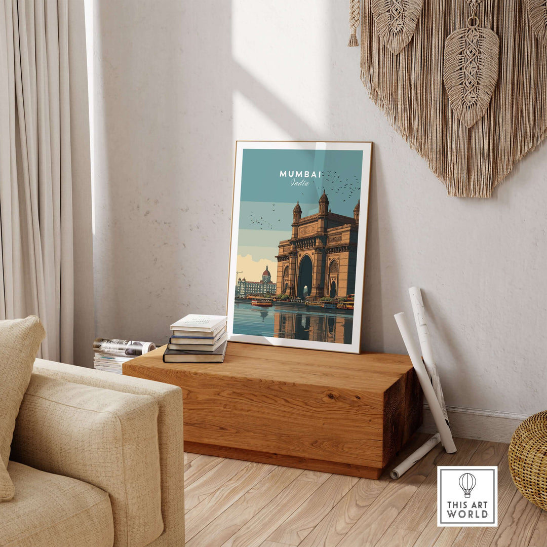 Mumbai Gateway of India waterfront print in modern living room decor, showcasing urban cityscape art.