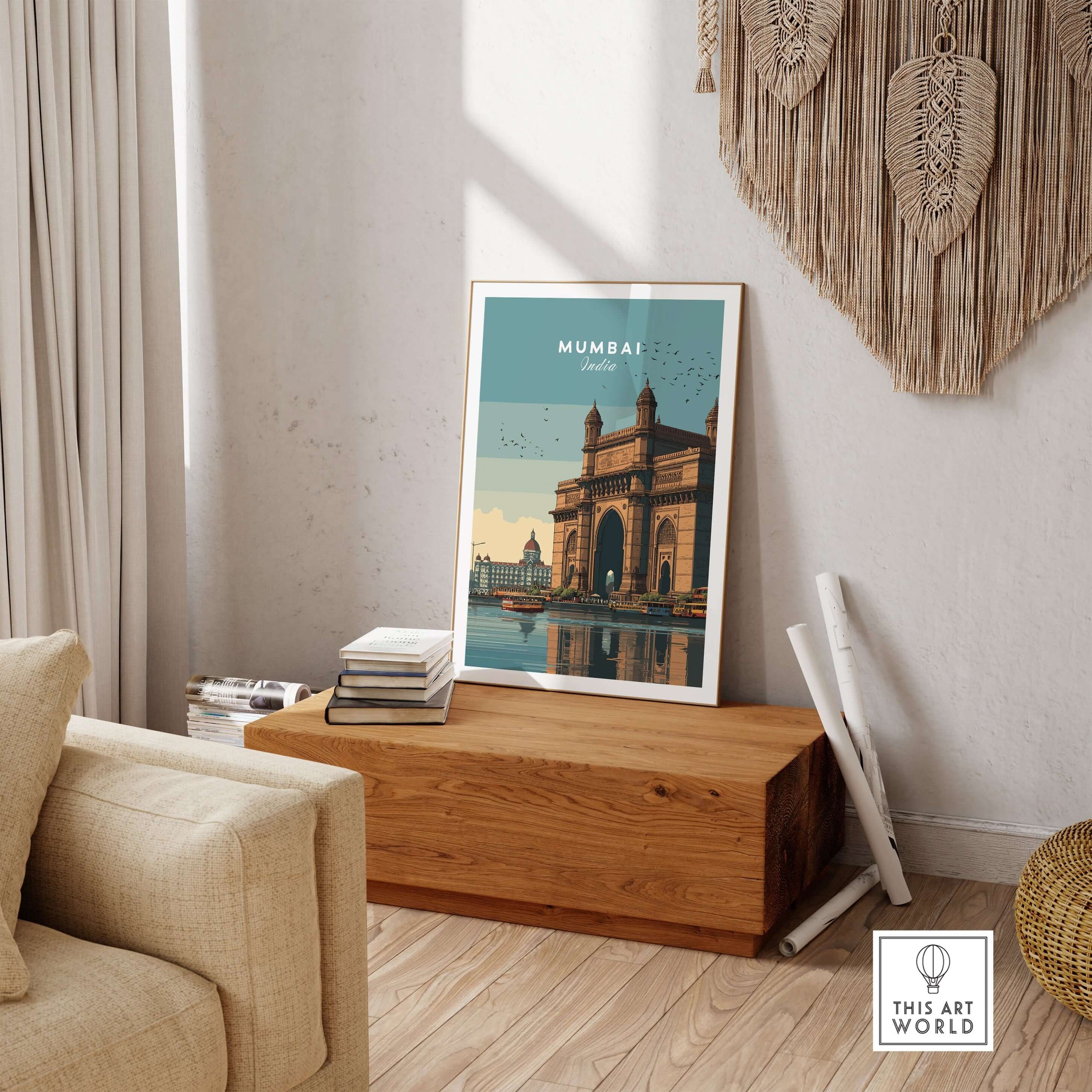 Mumbai India Gateway of India Waterfront Print - Cityscape Travel Poster in a stylish living room setting.