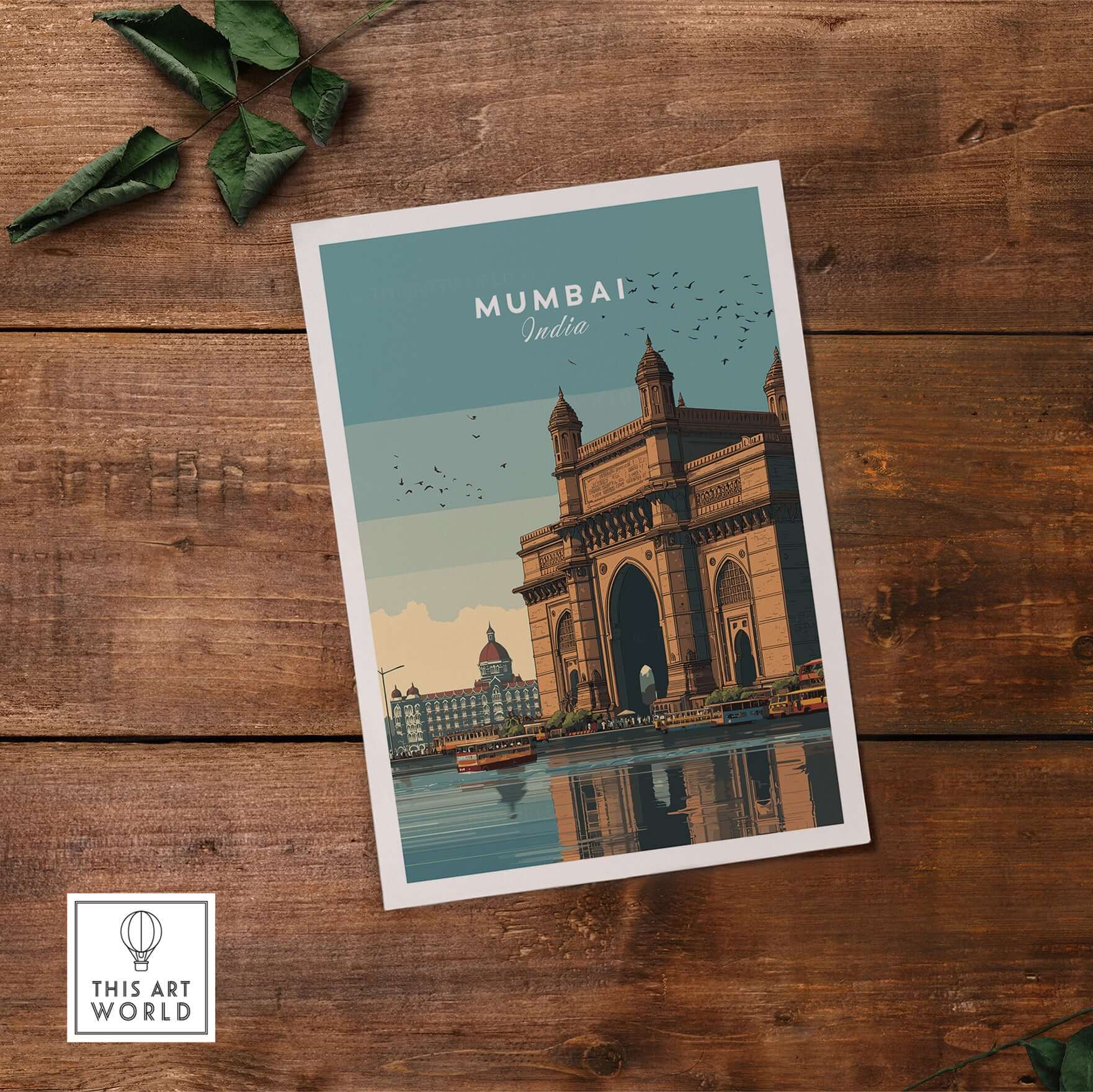 Mumbai India Gateway of India Waterfront Print - Cityscape Travel Poster on wooden table, showcasing iconic monument.