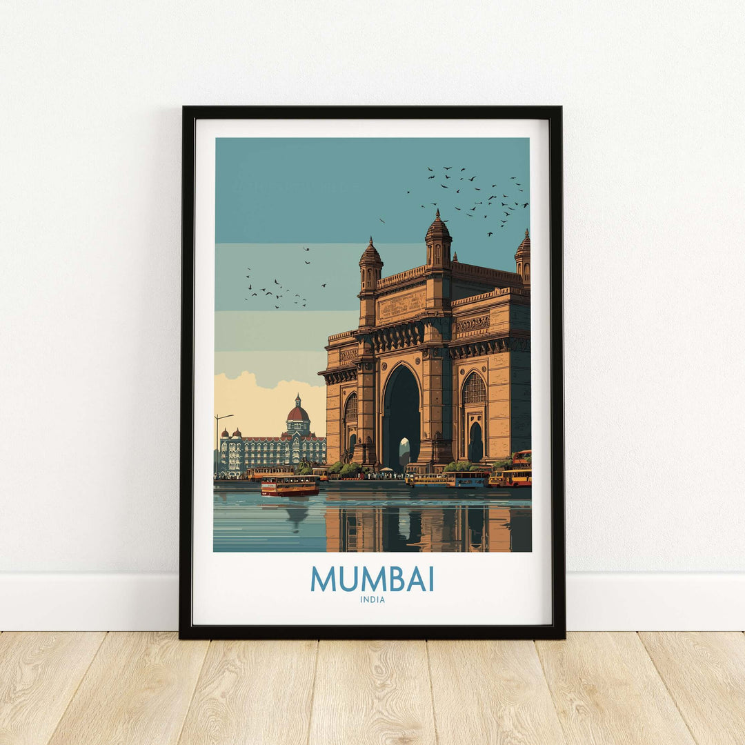 Mumbai travel print showcasing the iconic Gateway of India with a serene background and elegant design.