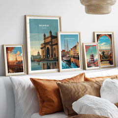 Mumbai India Gateway of India Waterfront Print - Cityscape Travel Poster displayed among other travel posters.