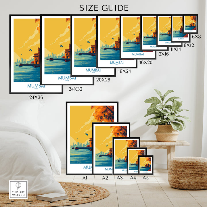 Size guide for Mumbai India Golden Hour Archway Wall Art showcasing various frame sizes and styles.