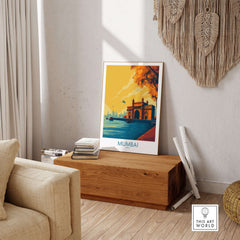 Mumbai India Golden Hour Archway Wall Art - Famous Indian Monument displayed in a stylish interior setting.