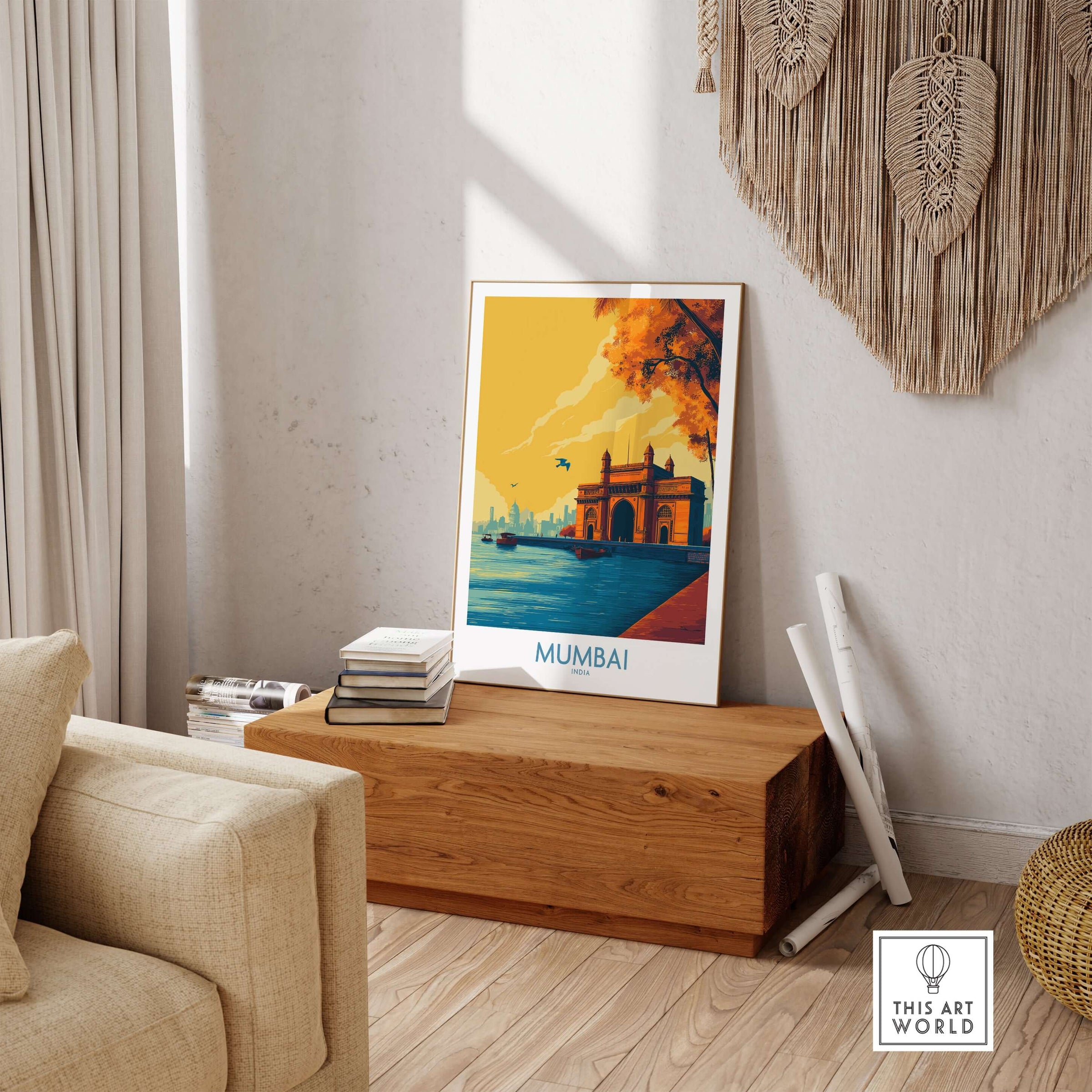 Mumbai India Golden Hour Archway Wall Art - Famous Indian Monument displayed in a stylish interior setting.