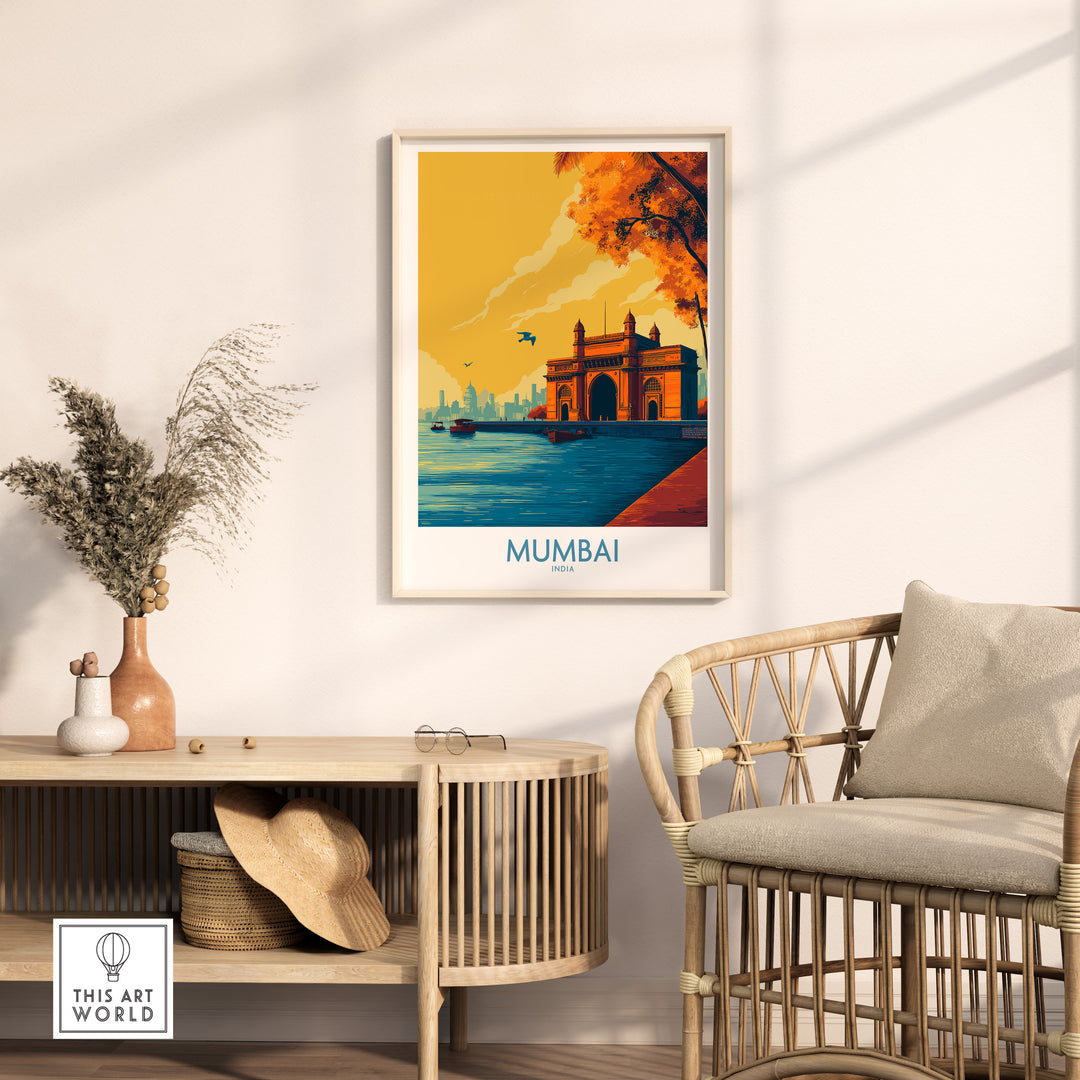 Mumbai Golden Hour Archway Wall Art depicting the Gateway of India in sunset hues, enhancing stylish home decor.