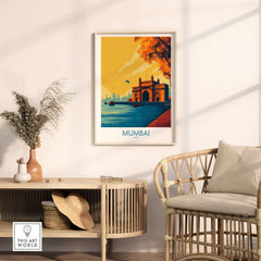 Mumbai India Golden Hour Archway Wall Art - Famous Indian Monument framed in a stylish interior setting.