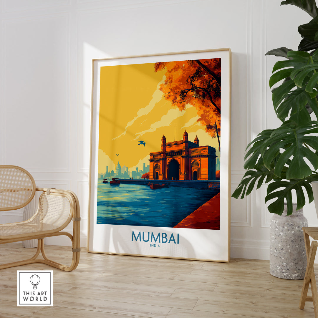 Mumbai Golden Hour Archway Wall Art showcasing the Gateway of India in warm sunset hues.