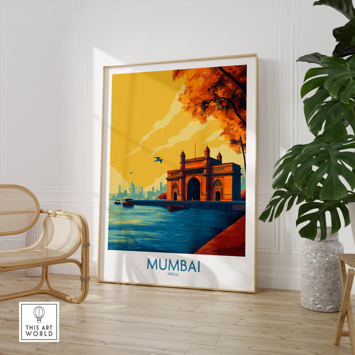 Mumbai Golden Hour Archway Wall Art showcasing the Gateway of India in warm sunset hues.