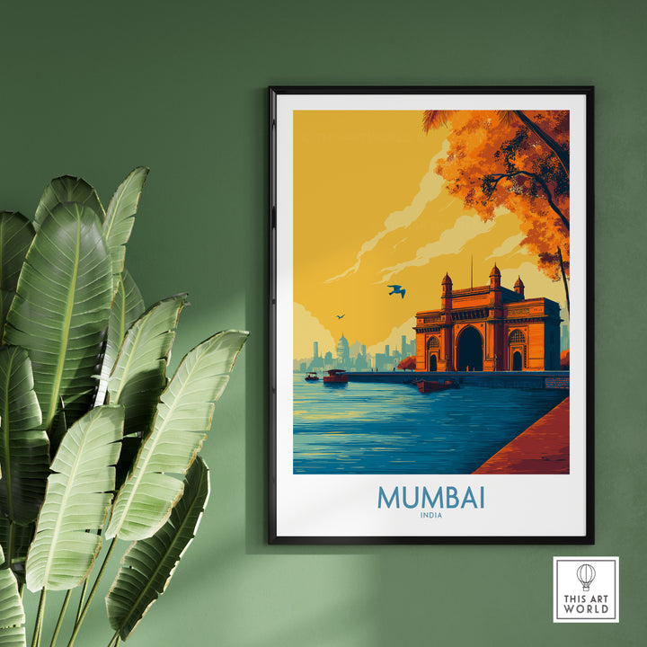 Mumbai India Golden Hour Archway wall art featuring the Gateway of India in sunset hues and lush greenery.