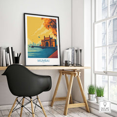 Mumbai India Golden Hour Archway Wall Art - Famous Indian Monument in modern decor setting with stylish furnishings.