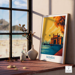 Mumbai India Golden Hour Archway Wall Art - Famous Indian Monument displayed in a stylish home interior with a beach view.